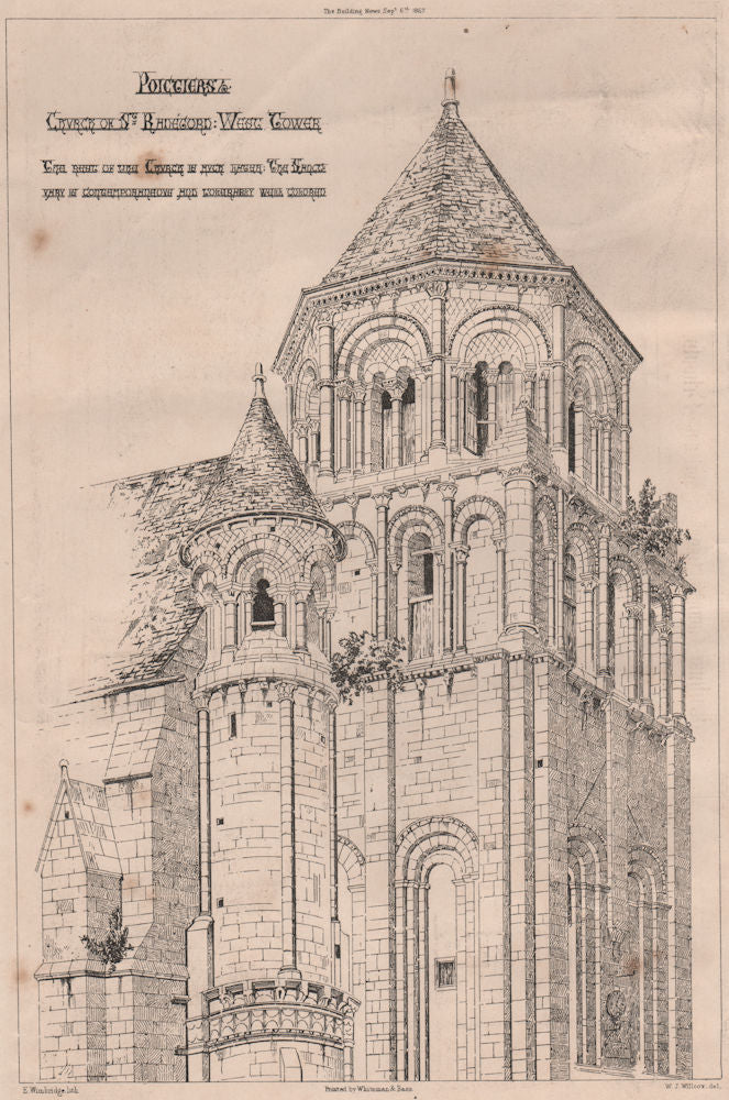 Poitiers - Church of St. Radegund. West tower. Vienne 1867 old antique print
